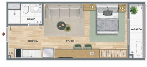 Planta studio com varanda cozinha banho