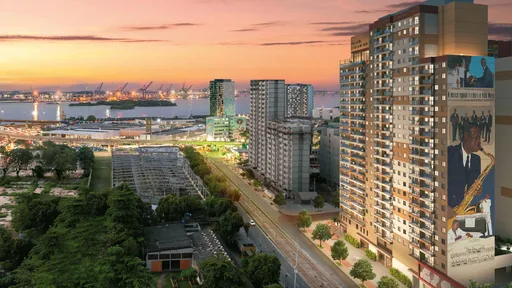 Render fachada empreendimento contexto urbano entardecer