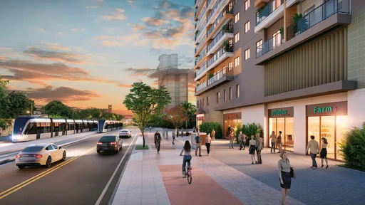 Render fachada rua comercio tram entardecer