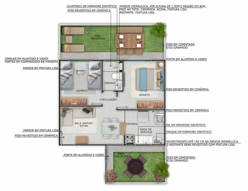 Planta baixa apartamento 2 quartos detalhada