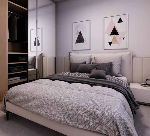 Quarto render cama guarda roupa