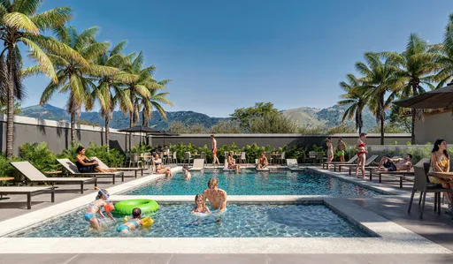 Piscina area lazer palmeiras montanhas