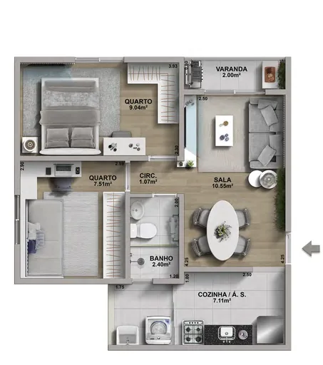 Planta 2 quartos sala cozinha varanda