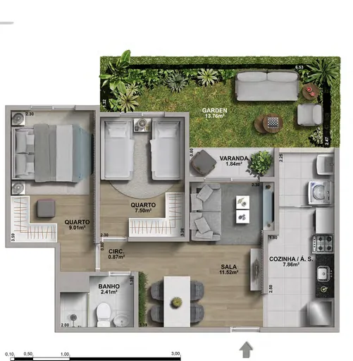 Planta apartamento 2 quartos garden