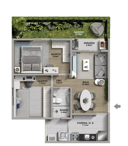 Planta apartamento 2quartos garden com medidas