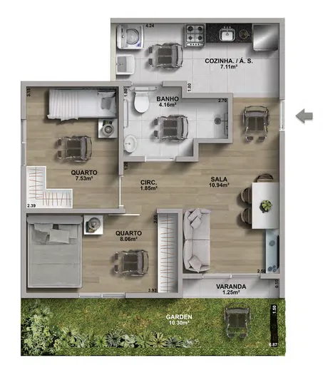 Planta apartamento 2quartos garden com medidas 2