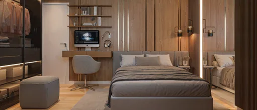 Quarto suite render decoracao madeira