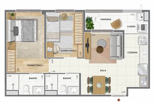 Planta 2 dormitorios sala cozinha varanda