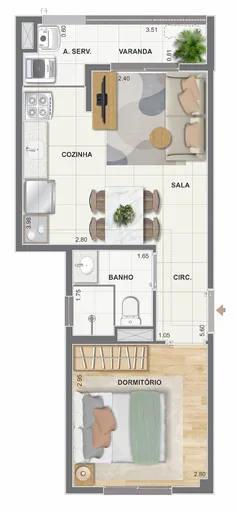 Planta apartamento 1 dormitorio com cotas