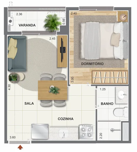 Planta apartamento 1 dormitorio sala cozinha