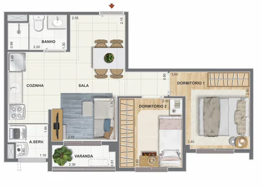 Planta apartamento 2 dormitorios sala varanda