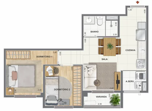 Planta apartamento 2 dormitorios varanda