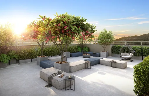 Rooftop lounge area render paisagismo