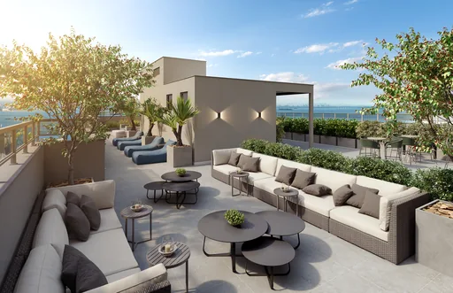 Rooftop lounge vista mar render