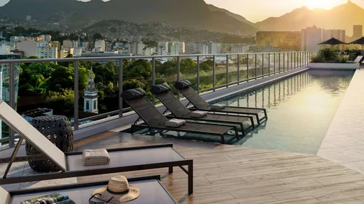 Piscina rooftop render vista cidade
