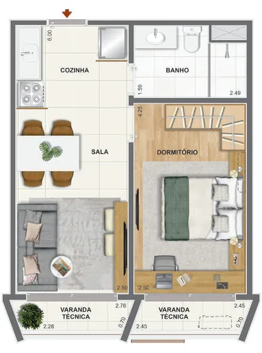 Planta apartamento 1 dormitorio varanda
