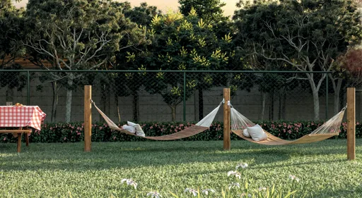 Render area lazer redes descanso jardim noturno