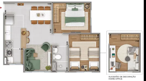 Planta apartamento 2 quartos home office