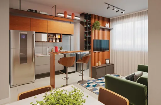 Render sala cozinha integrada apartamento