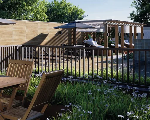 Area lazer deck pergola jardim render