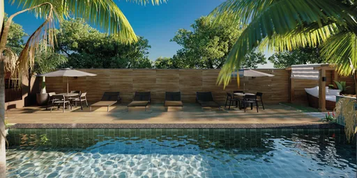 Piscina area lazer render empreendimento