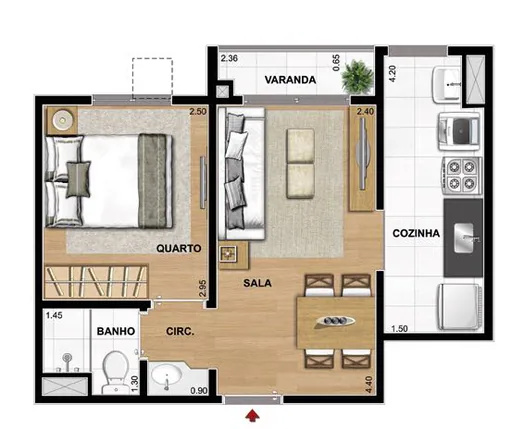 Planta apartamento 1 quarto sala cozinha varanda