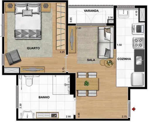 Planta apartamento 1 quarto sala cozinha varanda 2