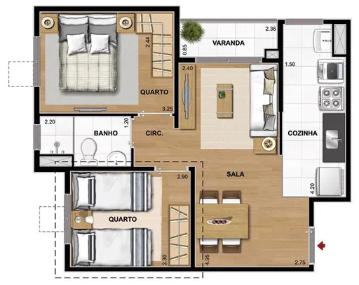 Planta apartamento 2 quartos sala cozinha varanda