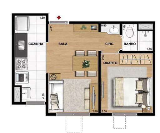 Planta apartamento sala quarto cozinha banho