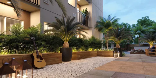 Render area lazer jardim externo edificio