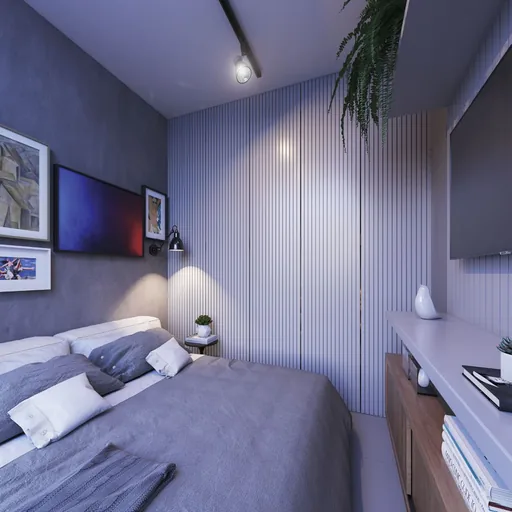 Render quarto cama decoracao moderna