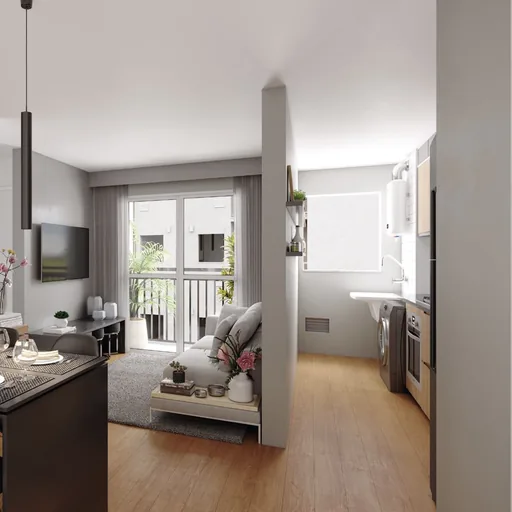 Render sala cozinha area servico apartamento