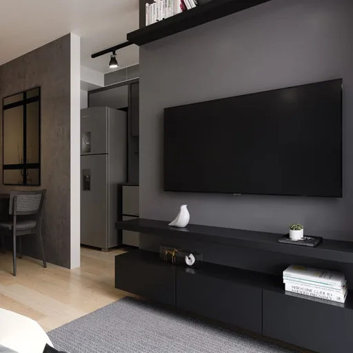 Sala estar painel tv render interior