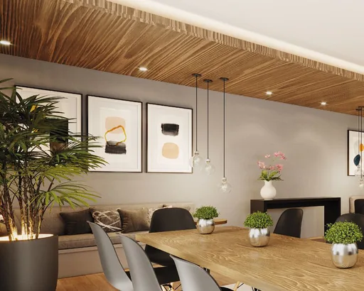 Sala jantar render teto madeira