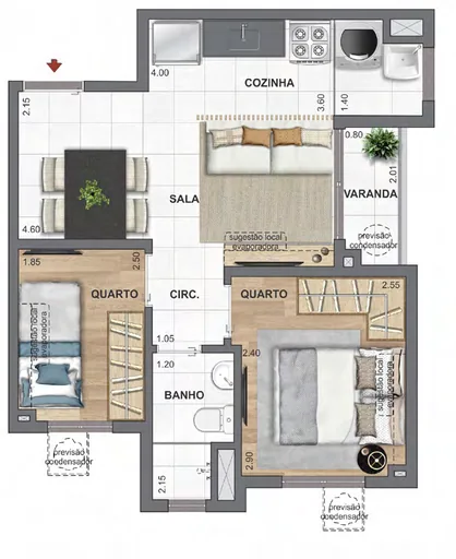 Planta apartamento 2 quartos sala cozinha varanda