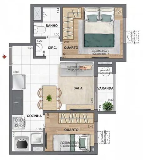 Planta apartamento 2 quartos sala varanda