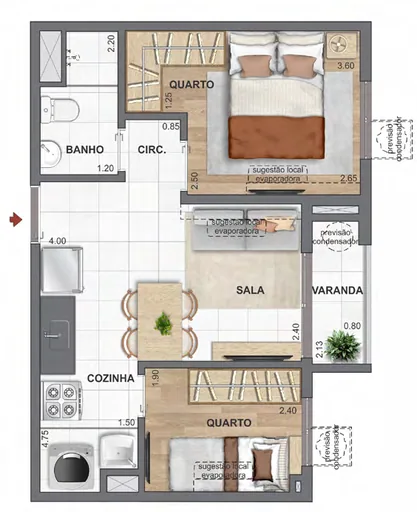 Planta tipo dois quartos sala varanda