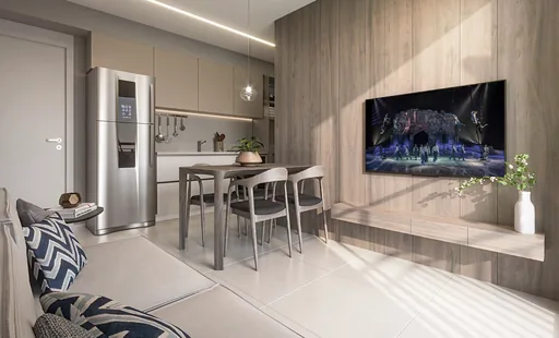 Render sala jantar cozinha integrada