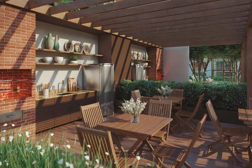 Area gourmet churrasqueira pergolado render