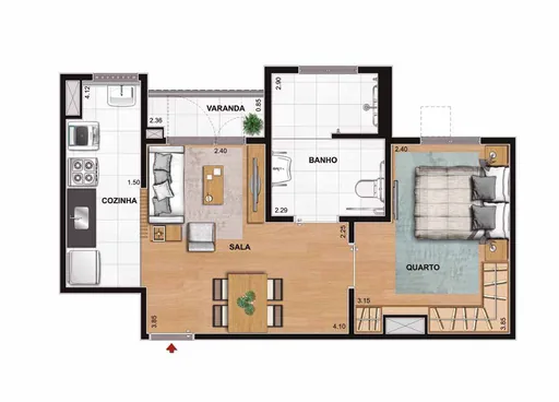 Planta apartamento 1quarto sala cozinha varanda