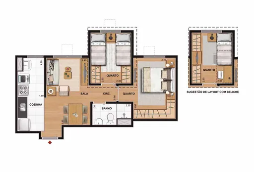 Planta apartamento 2 quartos com sugestao beliche