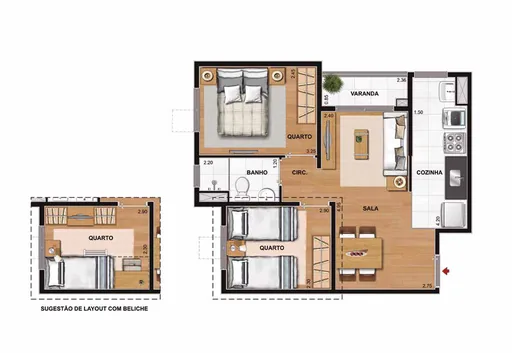 Planta apartamento 2 quartos layout beliche