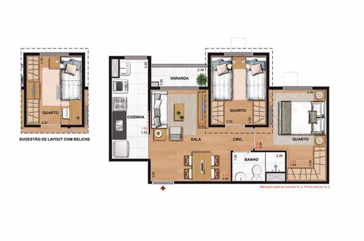Planta apartamento dois quartos com beliche