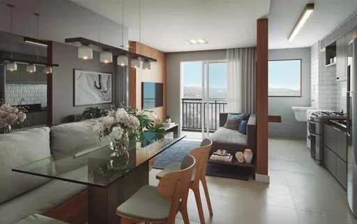 Render sala jantar cozinha varanda apartamento